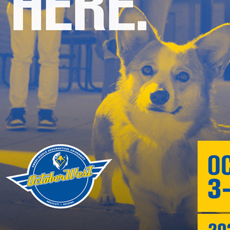 Corgi dog with OctoberWest logo at Embry-Riddle event, promoting October 2025 university festival